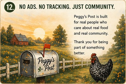 No ads, no tracking, just community with Peggy's Post mailbox and sunset farm scene
